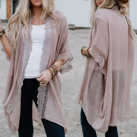 STELLA Scallop Lace Trim Kimono in Mocha - Picture 2 of 5